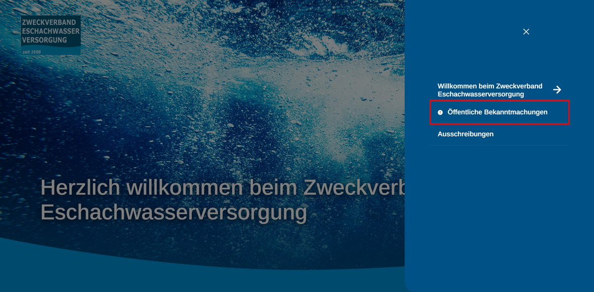 Menüpunkt "Öffentliche Bekanntmachungen"